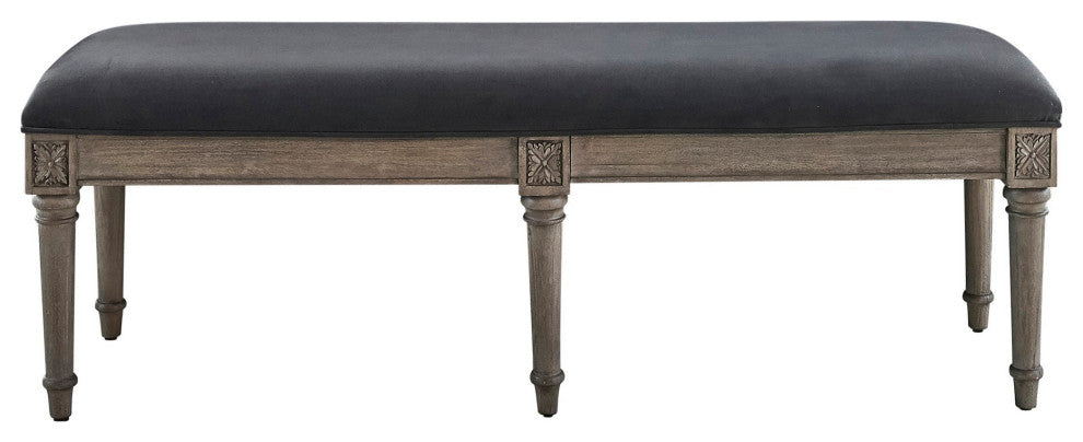 Benzara BM242606 Bench With Velvet Upholstered Seat and 6 Legged Support, Gray