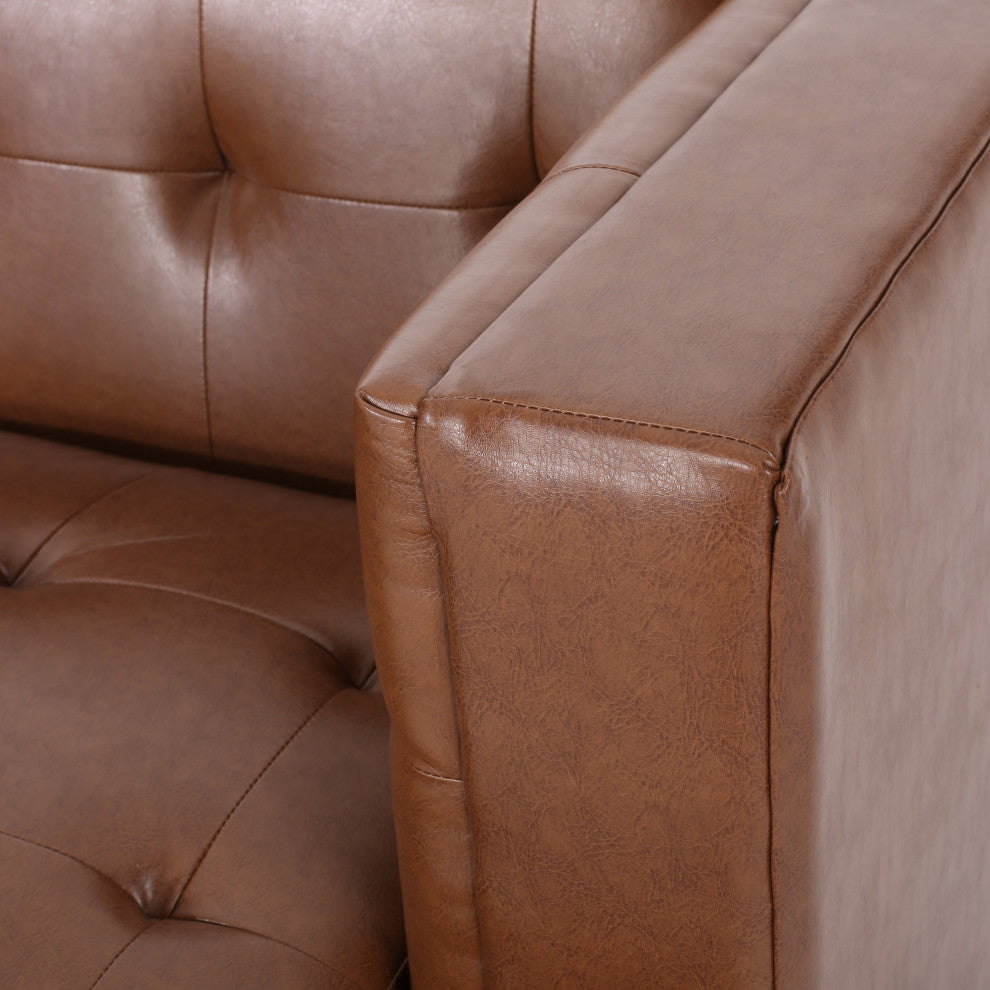 Stefan Mid Century Faux Leather Tufted 3 Seater Sofa, Cognac + Espresso