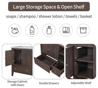 Promotional collage highlighting storage features and open shelves (infographic with icons/text).