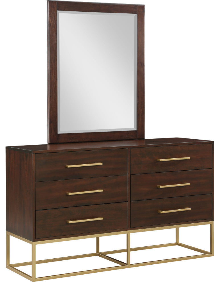 Maxine Wood Dresser With Durable Brushed Gold Metal Base, Dark Cherry Finish