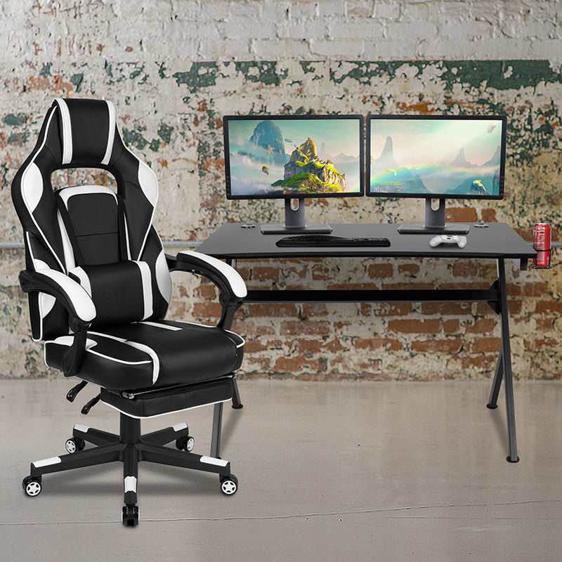 Black Gaming Desk & Reclining Back/Arms Gaming Chair with Footrest, White