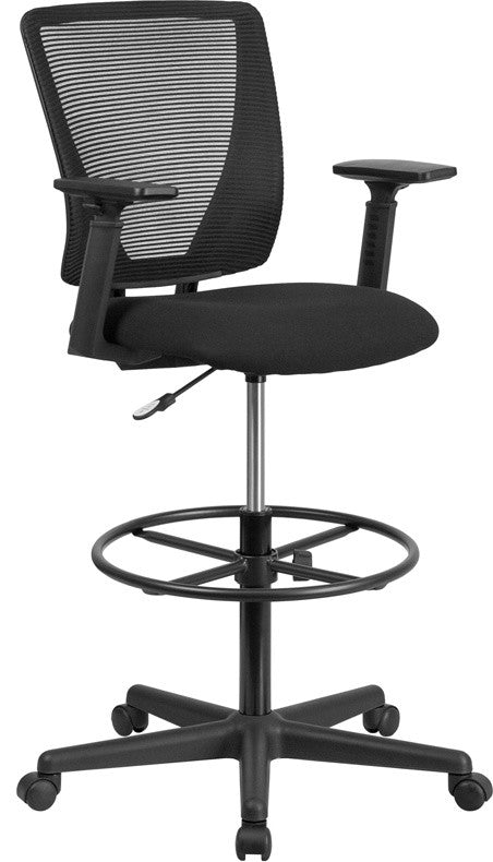 Ergonomic Mid-Back Mesh Drafting Chair-Fabric Seat, Adjustable Foot Ring & Arms