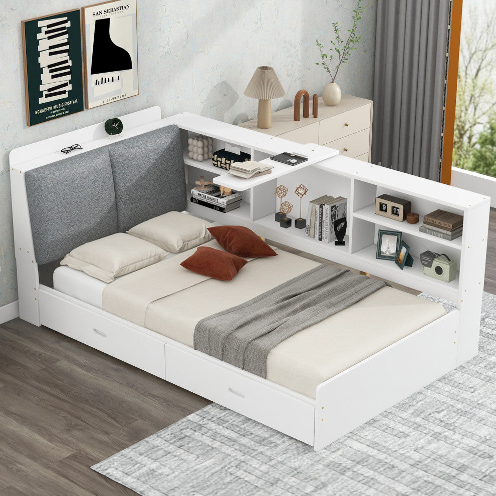 Gewnee Wood Twin Size platform bed with Storage Headboard