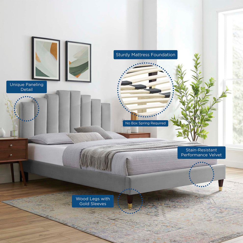 Platform Bed Frame, King Size, Velvet, Light Gray, Modern Contemporary