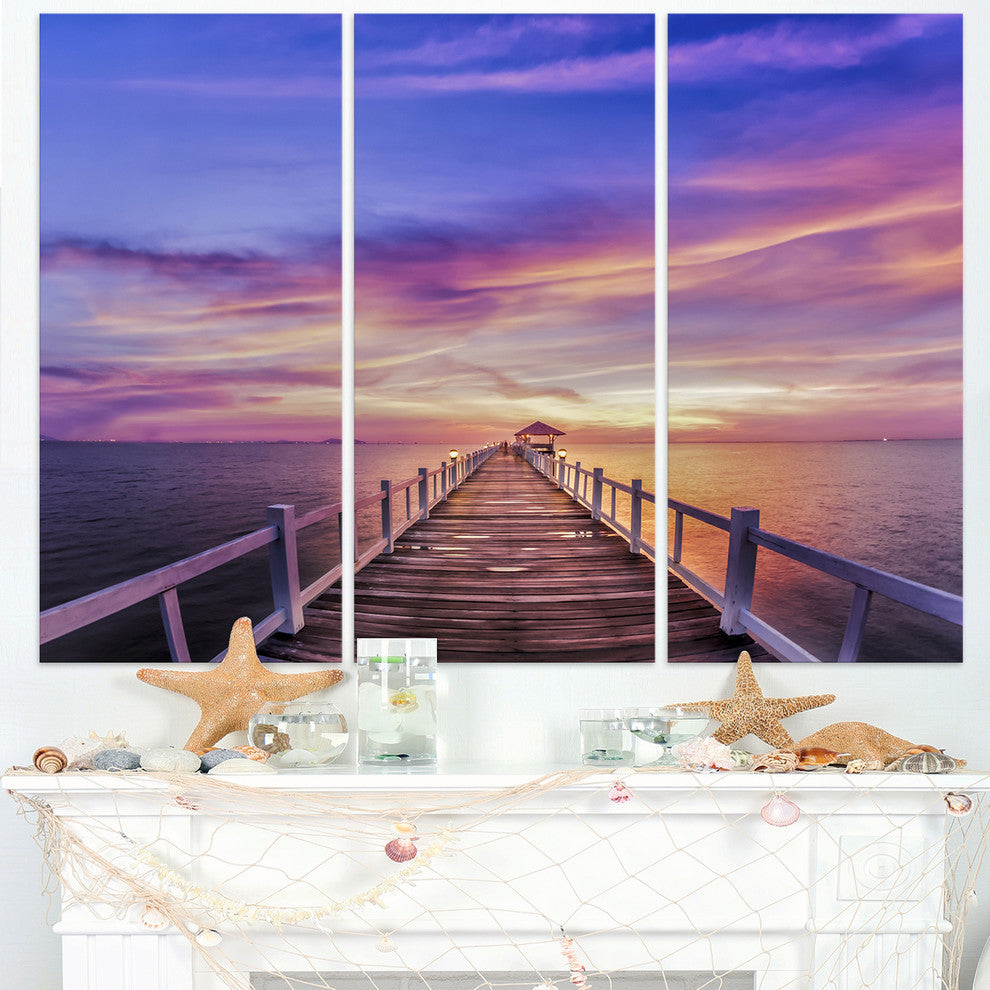 "Wooden Bridge Under Purple Sky" Metal Wall Art, 3 Panels, 36"x28"