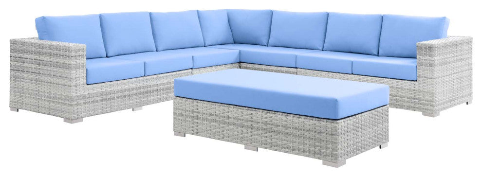 Lounge Sectional Sofa Chair Set, Rattan, Wicker, Gray Blue, Modern, Outdoor