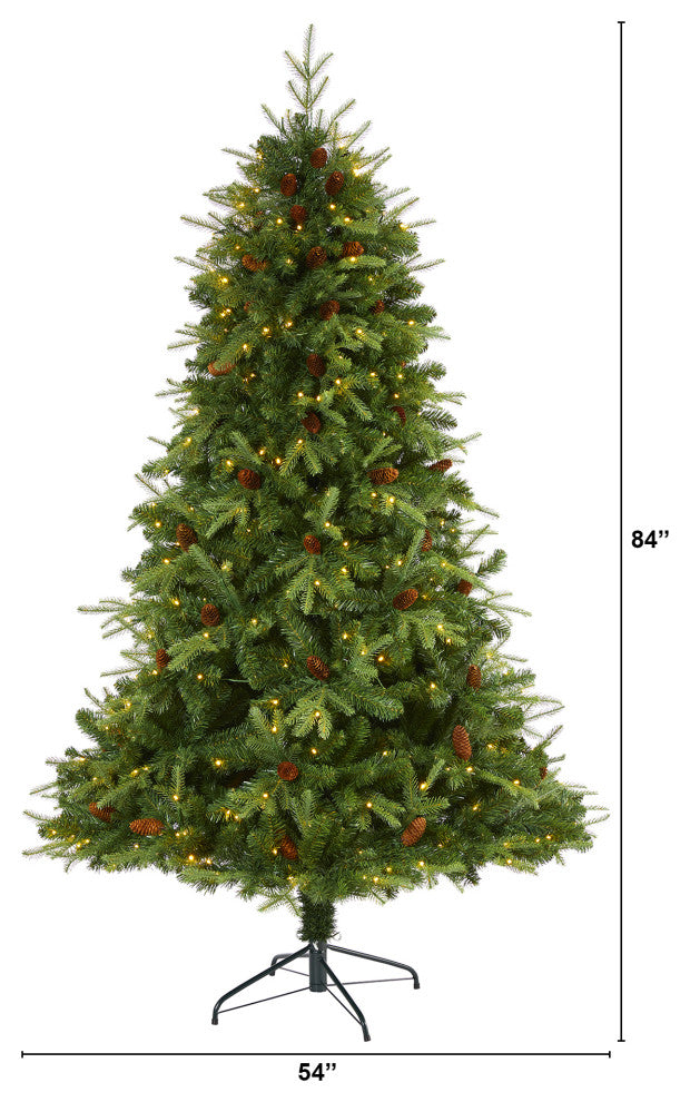 7' Wellington Spruce Natural Look Faux Xmas Tree W/400 Clear Lights & Pine Cones
