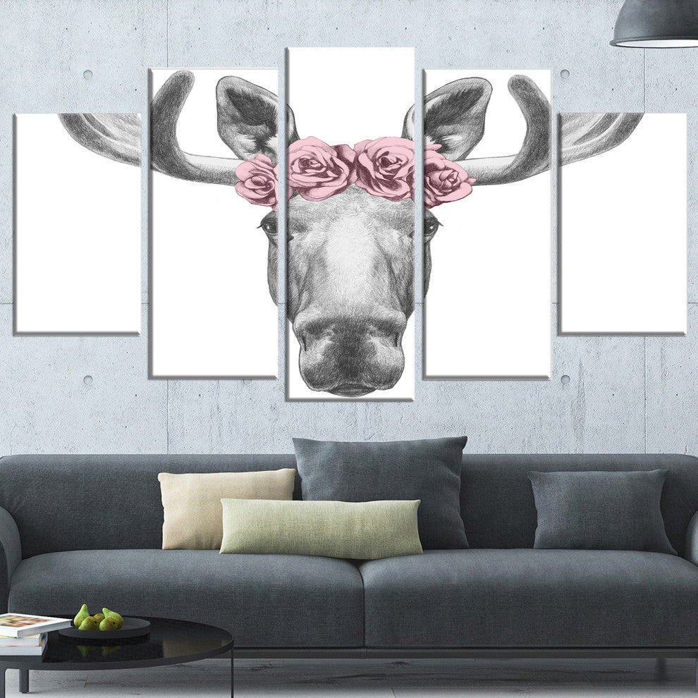 "Moose With Floral Head Wreath Moose" Wall Art, 5-Panels, 60"x32"