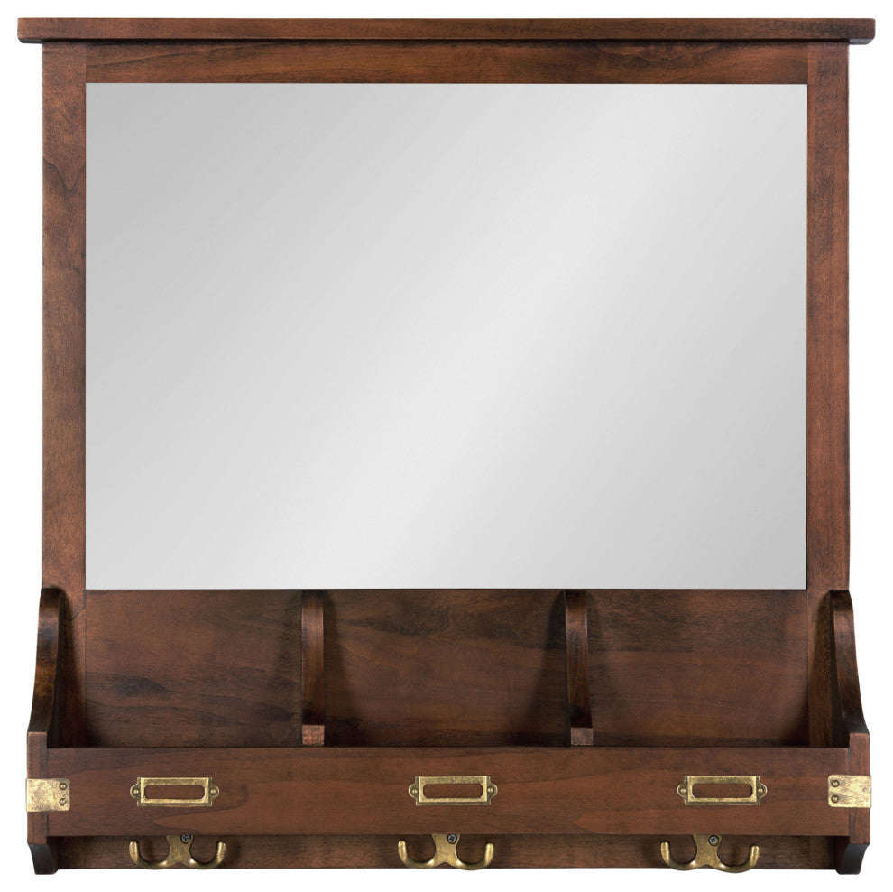 Stallard Wood Wall Mirror with Hooks, Walnut Brown 24x24