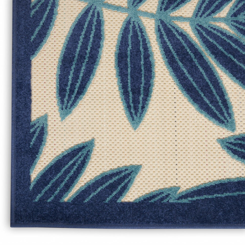 7 x 10 Navy and Beige Leaves Indoor Outdoor Area Rug