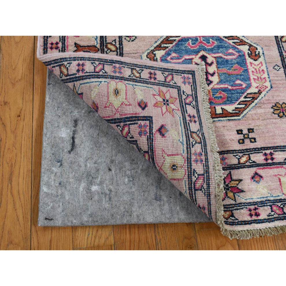 Pastel Pink Hand Knotted Afghan Super Kazak Pure Wool Runner Rug, 2'8"x8'10"