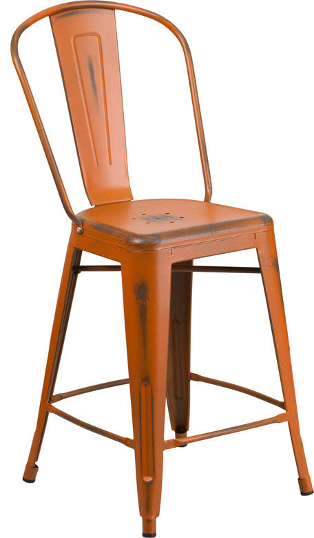 Brimmes 24" Metal Counter Stool Distressed Orange With Curved Vertical Slat