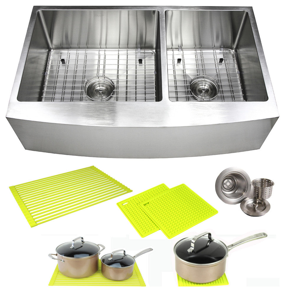 36" Curved Front Apron Stainless Steel Double Bowl Kitchen Sink Package
