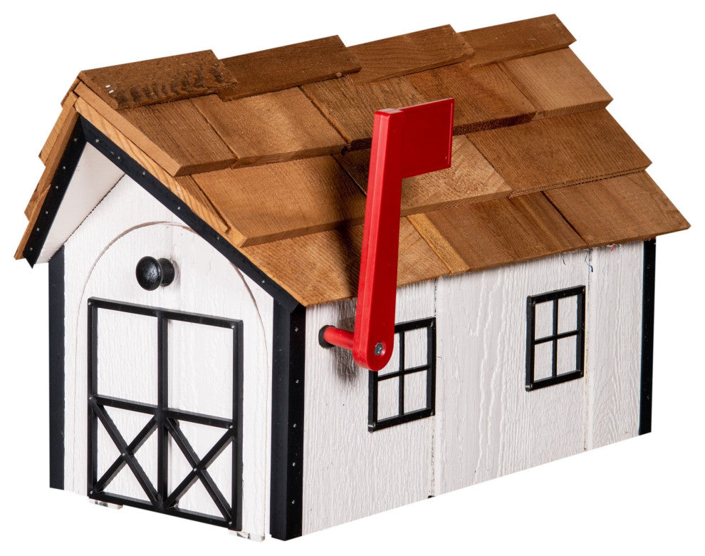Cedar Shake Roof Standard Wood Mailbox, White & Black
