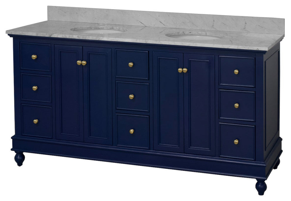 Bella 72" Double Bath Vanity, Base: Royal Blue, Top: Carrara Marble