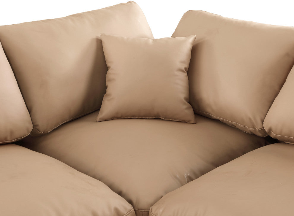 Comfy Upholstered U-Shaped Modular Sectional, Tan, 6-Piece: 4 Armless Chair, 2 Corner Chair, Vegan Leather