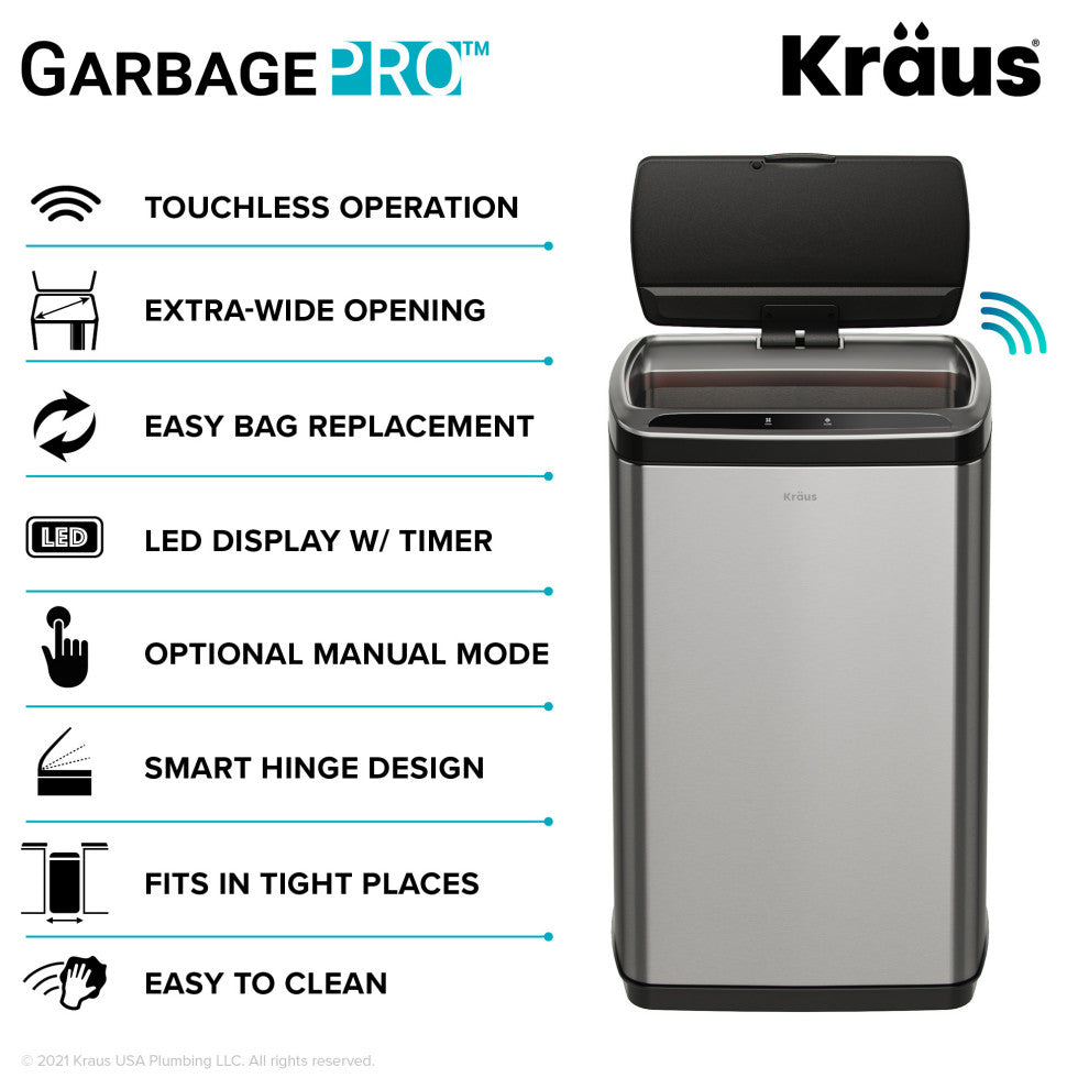 GarbagePro Rectangular 13 Gal Touchless Motion Sensor Stainless Steel Trash Can