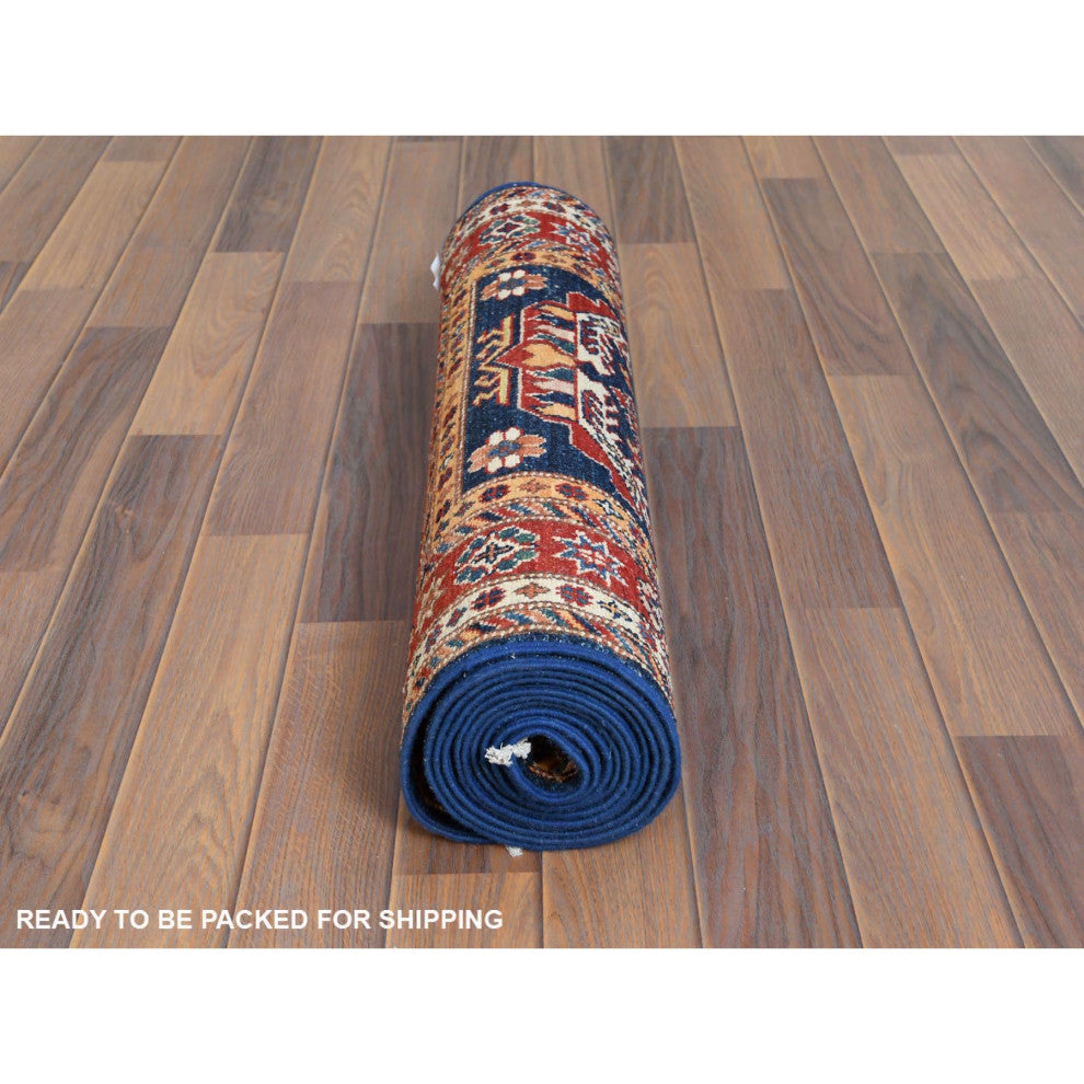 Hand Knotted Navy Blue Afghan Super Kazak Soft Wool Runner Rug, 2'6" x 11'0"
