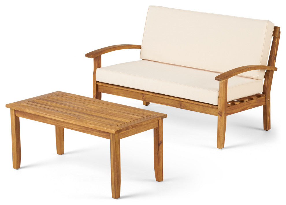 GDF Studio Keanu Outdoor Acacia Wood Loveseat and Coffee Table Set With Cushions, Beige
