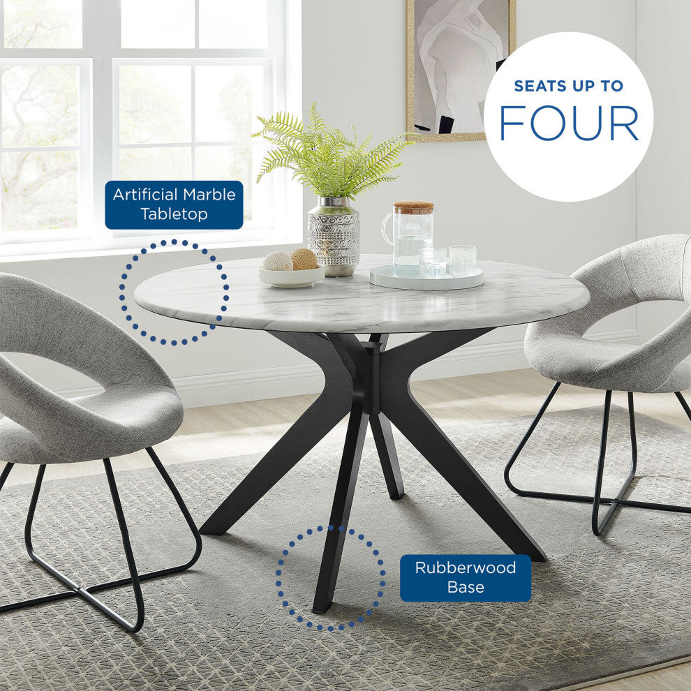 50" Dining Table, Round, White Black, Wood, Artificial Marble, Modern