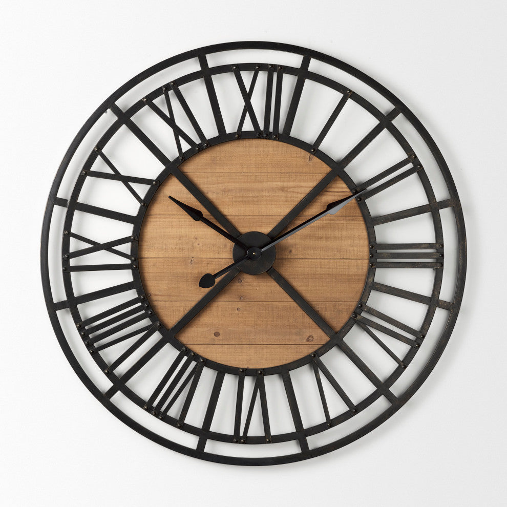 Lewiston Black Iron With Brown Wood 42" Round Wall Clock