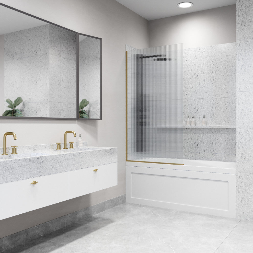 VIGO Zenith Frameless Fixed, Matte Brushed Gold, Tub Screen, 34" W X 62" H, Fluted Glass