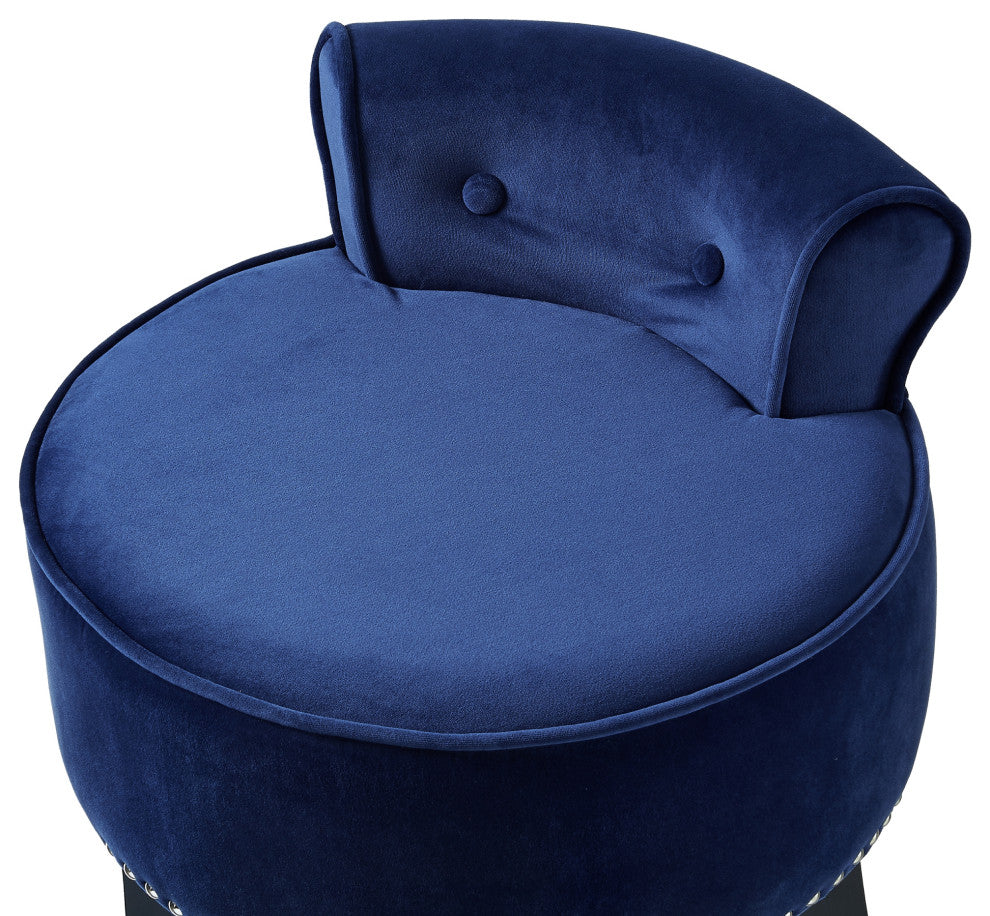 Ludovic Velvet Contemporary Nailhead Trim Rolled Back Vanity Stool, Navy