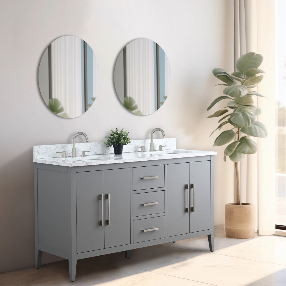 Vanity Art Bathroom Vanity With Sink, Cashmere Gray, 60", Double Sink, Brushed Nickel