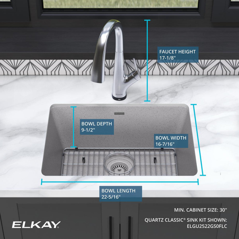 Quartz Classic 25" Undermount Sink Kit With Filtered Faucet, Greystone