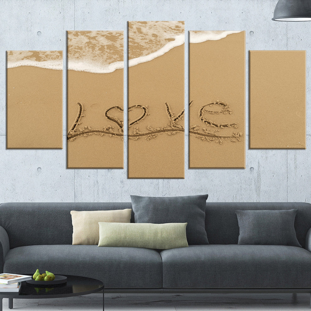 "Love Written On Sandy Seashore" Seascape Wall Art, 5 Panels, 60"x32"