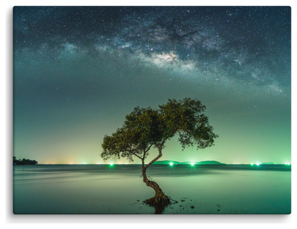 Glowing Milky Way Galaxy with Tree Canvas Wall Art Prints, 18" X 24"