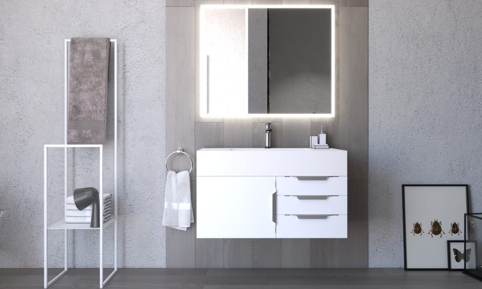 CastelloUSA Nile 36" Wall Mounted Vanity Set, White, White Top, Brushed Nickel