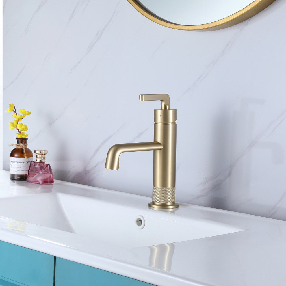 Deck Mounted Single Lever Handle Low-Arc Bathroom Vessel Faucet, Brushed Gold