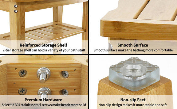 Bamboo Shower Bathroom Bench With Shelf 18"