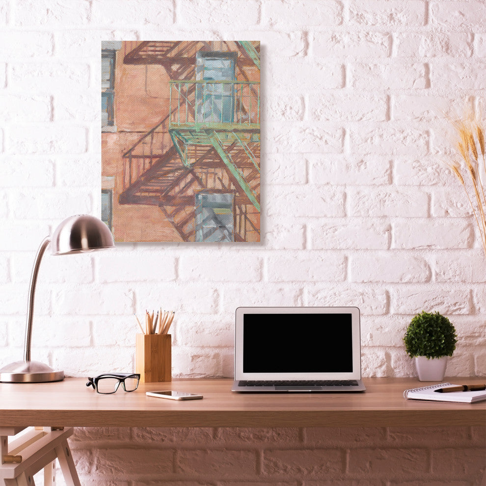 Cityscape Fire Escape Red Green Painting, 30"x40"