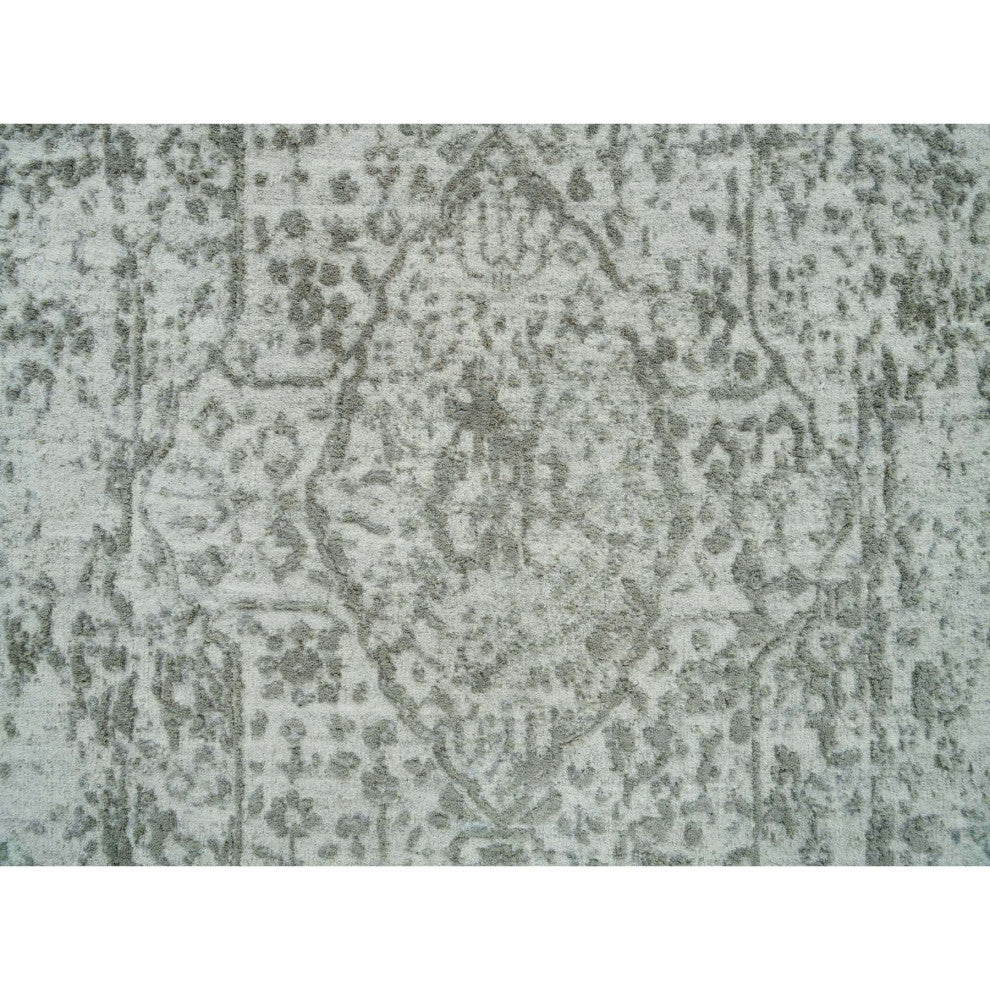 Goose Gray Zoroastrian Hand Knotted Wool and Silk XL Runner Rug, 2'6"x15'10"