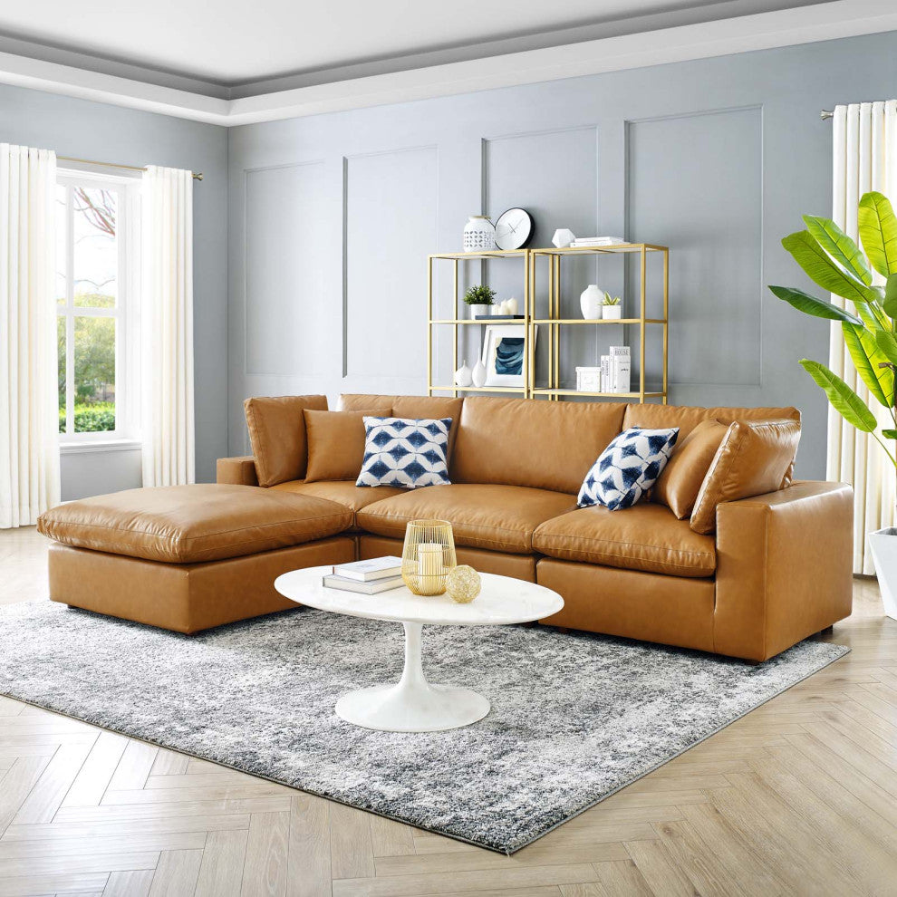 Commix Down Filled Overstuffed Vegan Leather 4-Piece Sectional Sofa - Tan