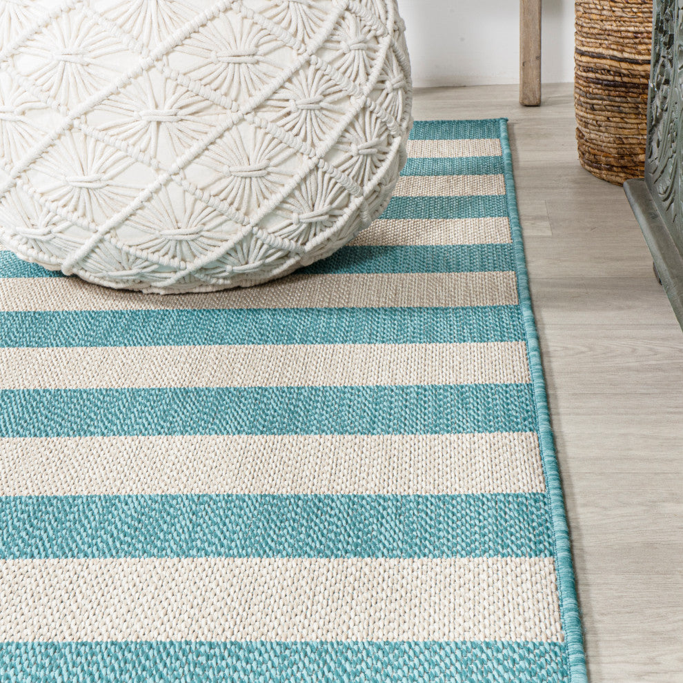 Negril Two-Tone Wide Stripe Indoor/Outdoor Area Rug, Aqua/Cream, 8x10