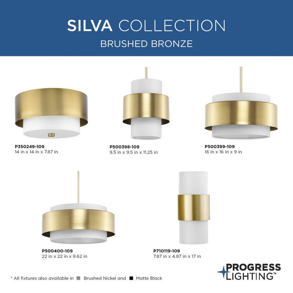 Silva Collection Two-Light Brushed Nickel White Linen Shade 14" Flush Mount, Brushed Bronze