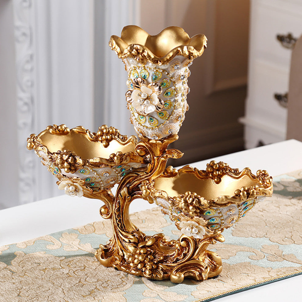 2 Tiered Gold & White Fruit Basket Plate With Vase Resin Snack Tray Decor, White/Gold