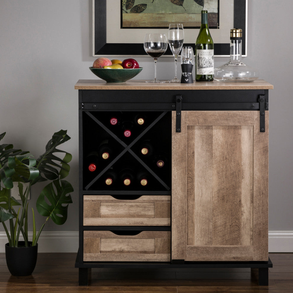 32.30" Modern Industrial Black Wine Sideboard With Natural Top and Sliding Door