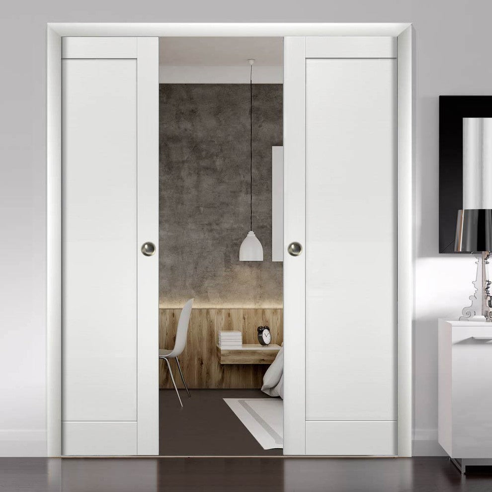 Double Pocket Doors 64 x 80 & Frames | Quadro 4111 White Ash | Solid Closet Door