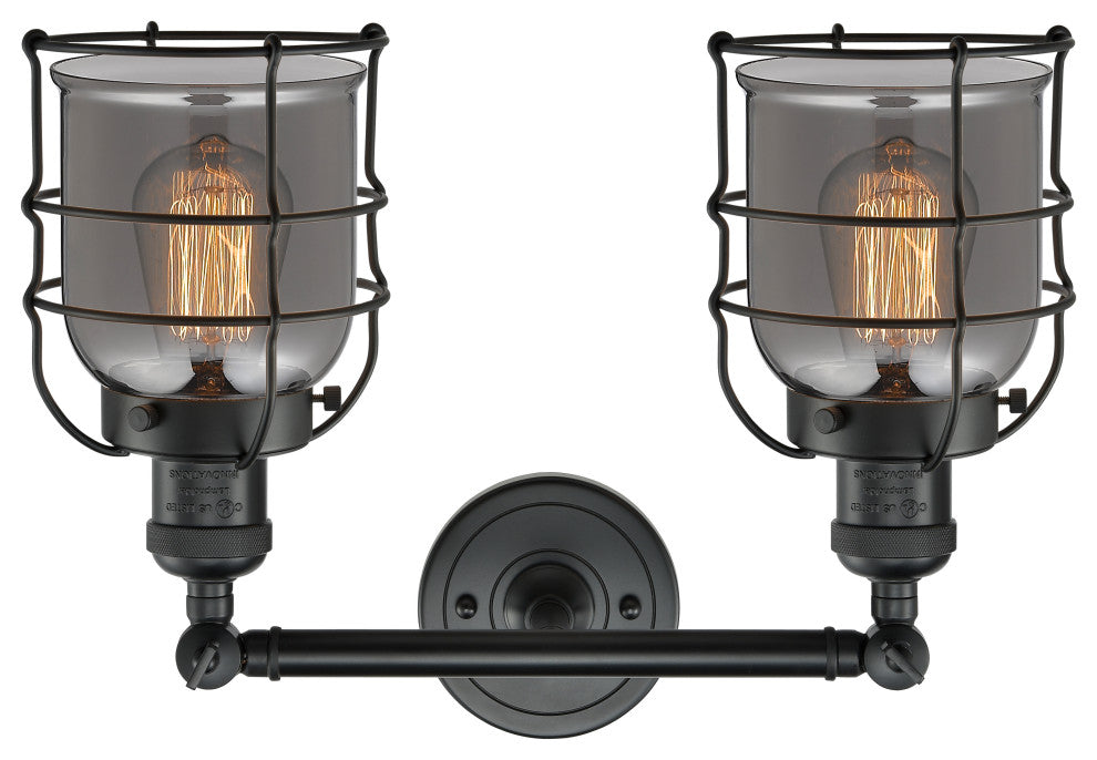 Small Bell Cage 2-Light Bath Vanity-Light, Matte Black, Plated Smoke