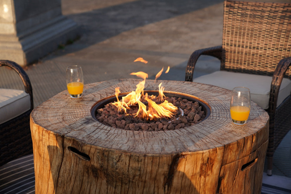 Patio Wood Coating Propane Fire Pit Table with Cushioned Chairs, Round-1