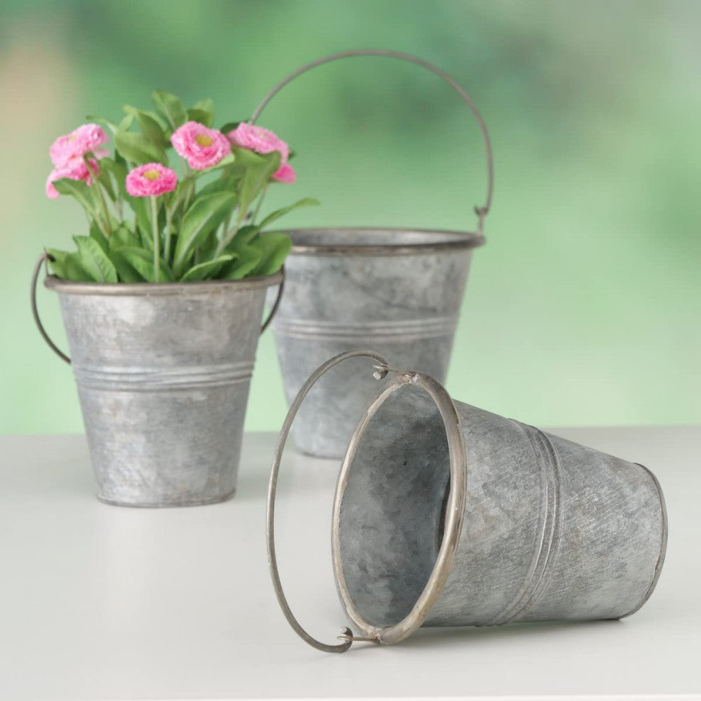 Grey Zinc Pail Planters, Set of 3