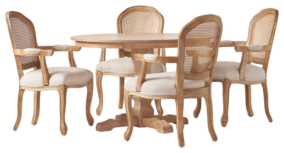 Ardyce French Country Fabric Upholstered Wood and Cane 5-Piece Dining Set, Natural/Beige