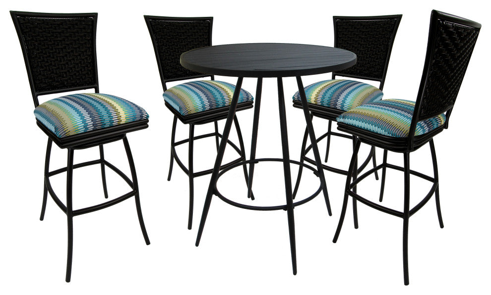 Outdoor Patio Bar Pub Set - 30" Erin Stools - Black Frame, Aqua Sun Stripe - Black, 30"