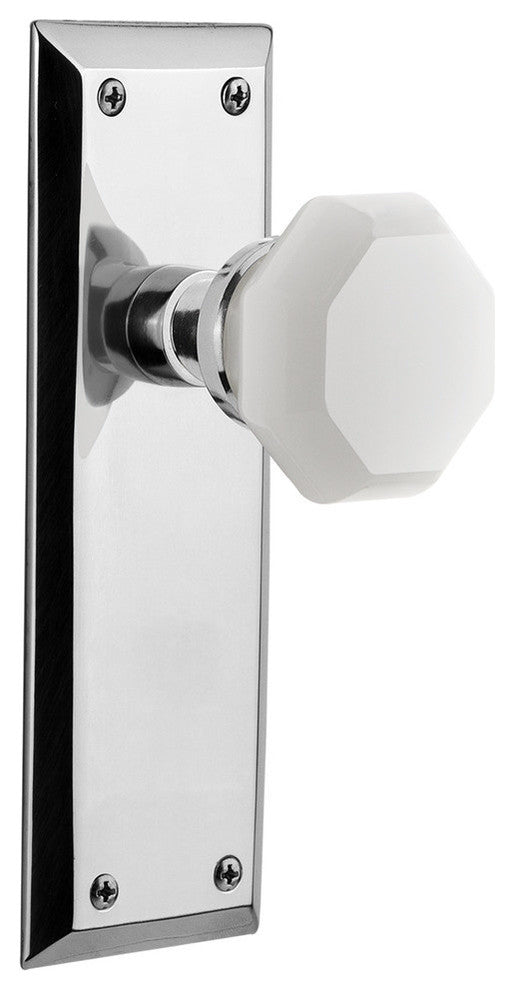 New York Plate Double Dummy Waldorf White Milk Glass Knob, Bright Chrome