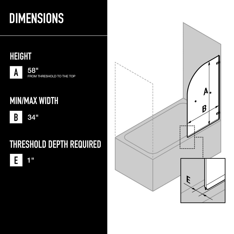 VIGO Orion 34" W x 58" H Frameless Hinged Tub Door, Matte Black, Clear Glass