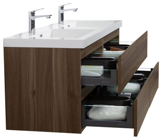 Aurora Wall Mount Vanity, White Acrylic Top, Smokey Walnut, 60" Double